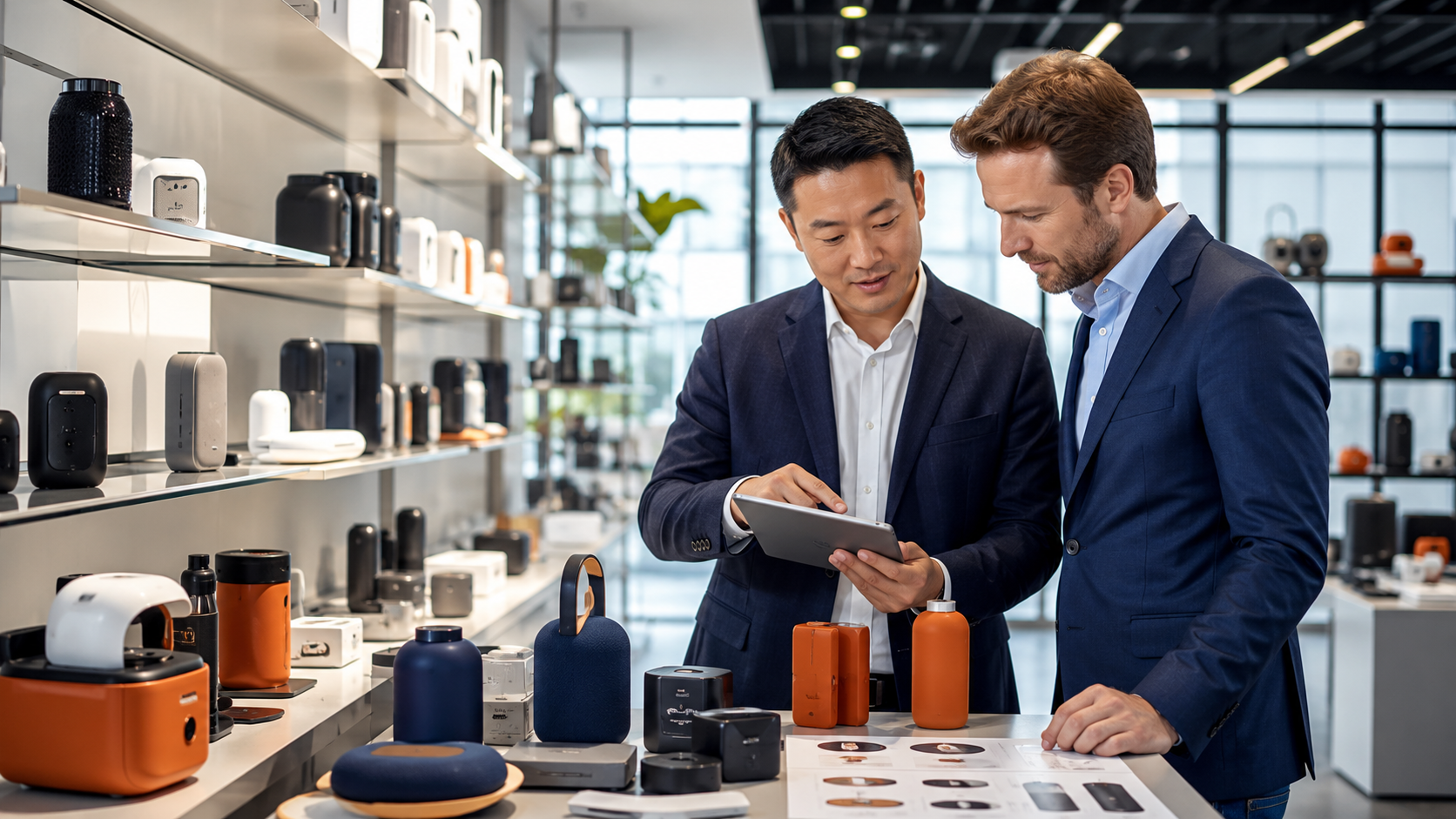 Buyer and supplier reviewing product samples